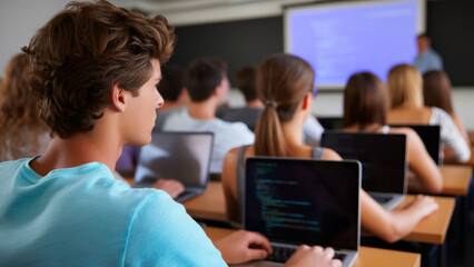 Coding bootcamp classroom with students using laptop to learn programming and focused instructor speaking at front