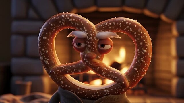 A whimsical pretzel character with a grumpy expression stands before a cozy fireplace