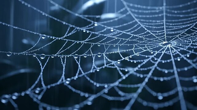 Close-up of a dewy spider web glistening in the rain with a blurred natural background