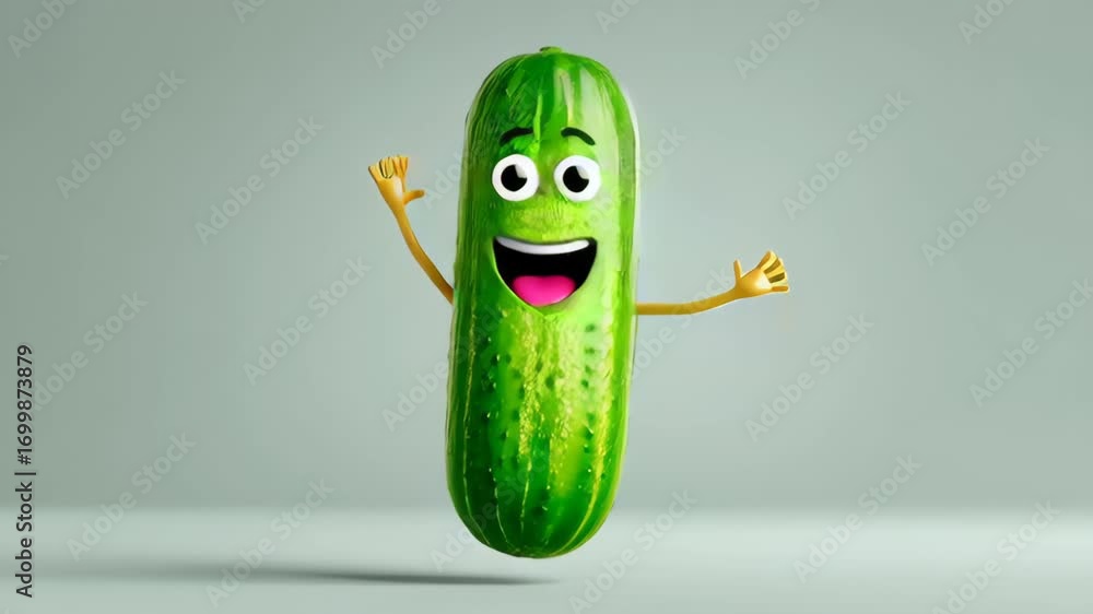 Poster cucumber with a big smile on its face. the cucumber is jumping in the air