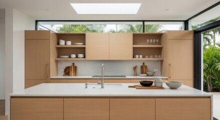 Modern kitchen interior design with light wood cabinets and white countertops