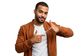 Confident man points to himself with a sly grin wearing a casual jacket and white t-shirt transparent background