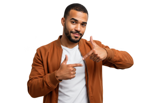Confident man points to himself with a sly grin wearing a casual jacket and white t-shirt transparent background