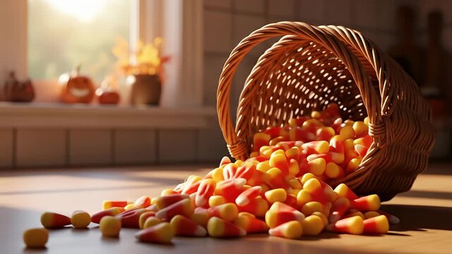 A woven basket spills colorful candy corn onto a kitchen countertop, with autumn decor in the background