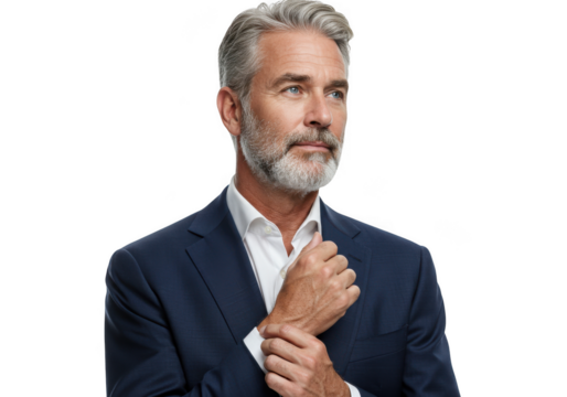 Distinguished middle-aged man with salt-and-pepper hair and beard adjusting his suit collar transparent background