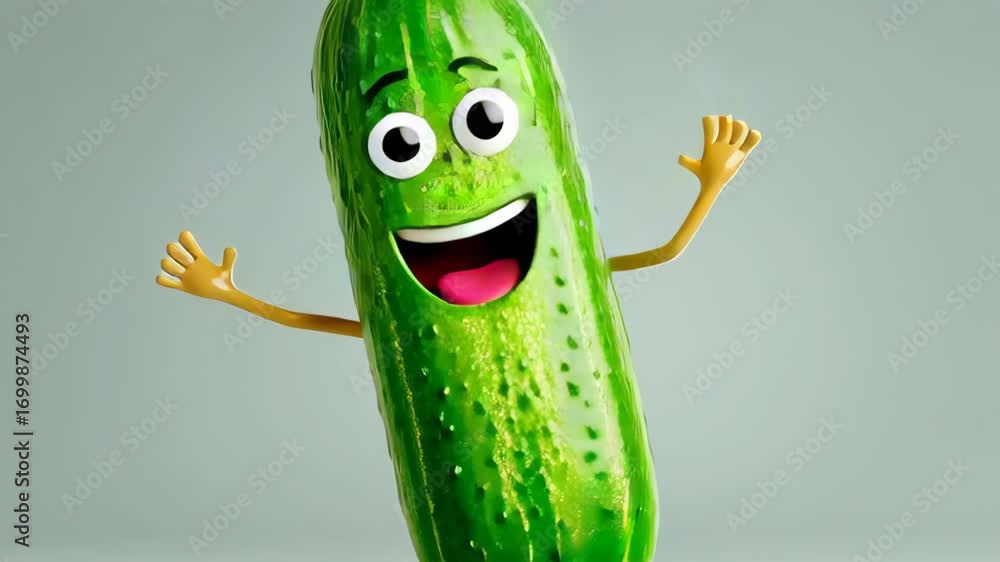 Poster cucumber with a smile on its face is jumping in the air. the cucumber is happy and excited, and it s