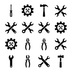 Obraz premium Collection of black silhouette icons representing various tools and mechanical parts, including wrenches, hammers, gears, and pliers, on a White background.