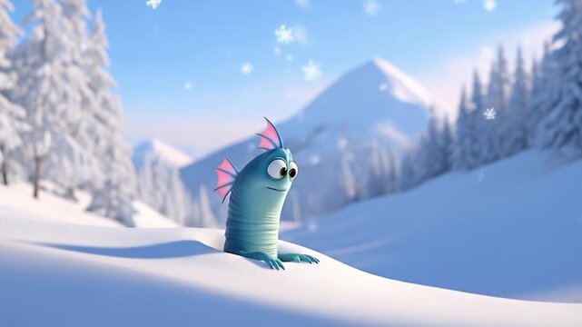 A whimsical cartoon fish character marvels at a snowflake in a serene winter landscape