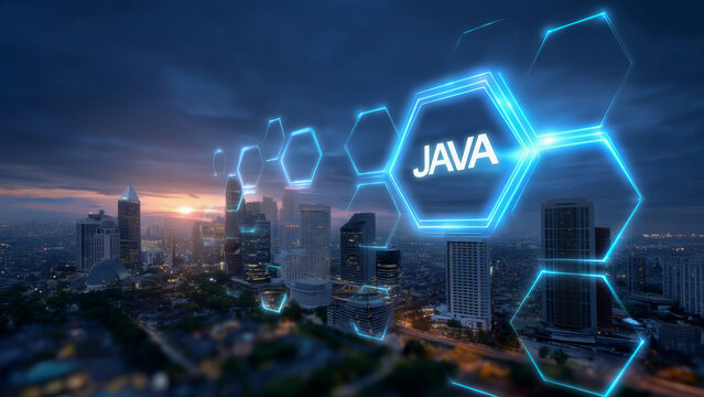 Glowing hexagon java software developer training skyline at sunset city technology network innovation