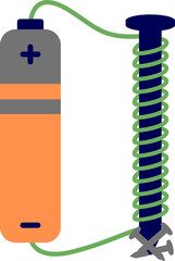 Electromagnet setup. Electromagnetism- lesson, Science State Board. Illustration of a basic electromagnet setup using a battery, nail, and copper wire, showcasing fundamental physics concepts.
