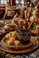 Luxurious Middle Eastern Tea Setting with Candle and Sweets for Elegant Dining