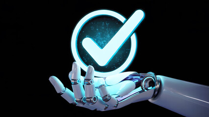 A robot hand holding a glowing check mark symbol against a dark black colored studio background view 
