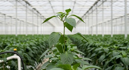 Green pepper plants growing in greenhouse agriculture farming horticulture