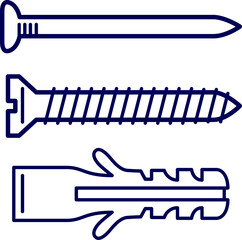 Icon Set of screw, nail and wall anchor. vector illustration of screw, nail and wall plug. Ideal for construction, hardware, engineering, technical drawings, and DIY projects.