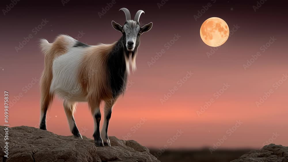Poster goat is standing on a rock in front of a moon. the goat is looking up at the moon, which is in the s