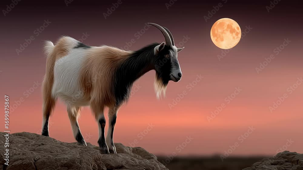 Poster goat is standing on a rock in front of a full moon. the goat is looking up at the moon, which is shi
