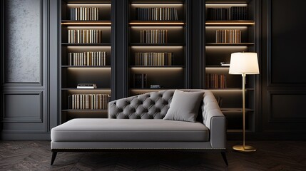 A stylish, modern lounge area featuring a tufted gray sofa, a gold lamp, and a dark bookshelf filled with books, creating an elegant ambiance.