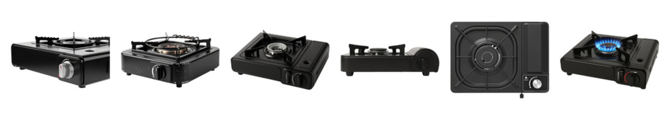 Fototapeta premium Portable gas stove set including multiple angles and flame detail isolated. Camping and outdoor cooking equipment.