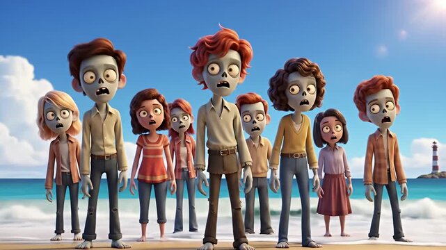 Group of cartoon zombies standing on a beach, looking surprised with ocean and lighthouse in background