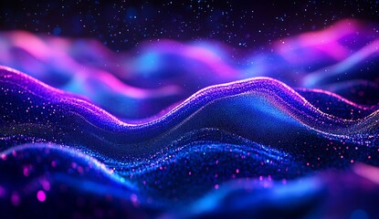 Abstract glowing waves of blue and purple light with shimmering particles image