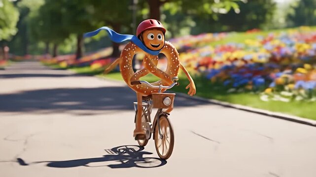 A cheerful animated pretzel character riding a bicycle through a vibrant park filled with flowers