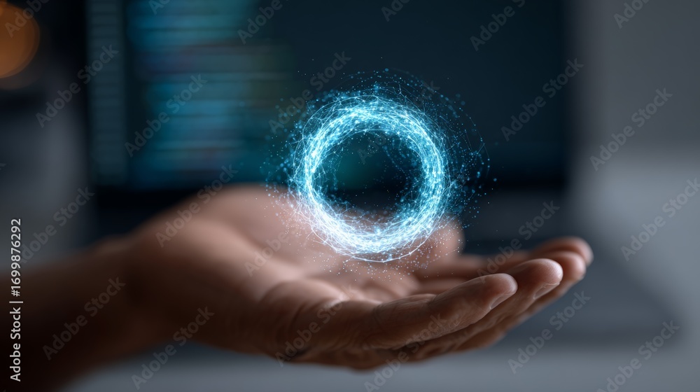 Poster open hands of a software engineer holding a bright circular hologram made of small interconnected do