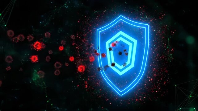 Glowing shield digital protection and cybersecurity with virus malware secure blue neon defense technology, futuristic abstract background, network internet data safety, encryption firewall security