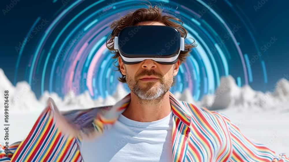 Poster man wearing a virtual reality headset stands in front of a mountain range. concept of adventure and 