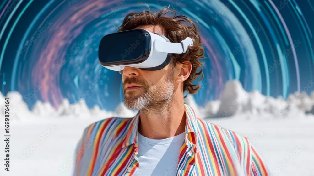 Poster man wearing a vr headset is standing in front of a mountain range. concept of adventure and explorat