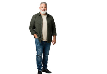 Mature man with beard standing confidently in casual attire with vibrant accents transparent background