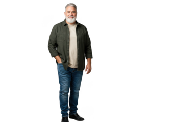 Mature man with beard standing confidently in casual attire with vibrant accents transparent background