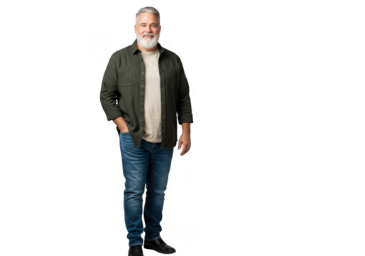 Mature man with beard standing confidently in casual attire with vibrant accents transparent background