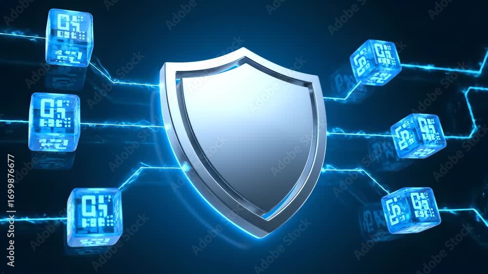 Poster secure shield icon connected by blockchain cubes, digital protection concept, glowing blue cyber sec