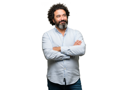 Man with curly hair arms crossed smiling on transparent background