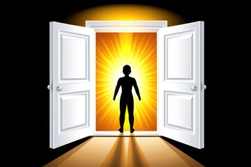 Fototapeta premium Silhouetted person standing in front of double doors opening to bright light, vector illustration with white door and yellow glow against black background
