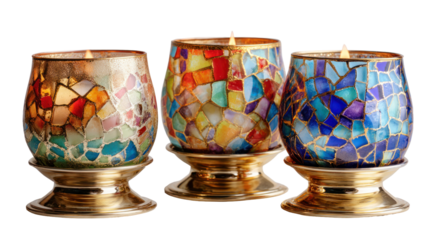 Multicolored mosaic glass candles on gold candle holder, transparent background