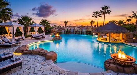 Obraz premium Luxury Poolside Evening Oasis with Fire Pit.