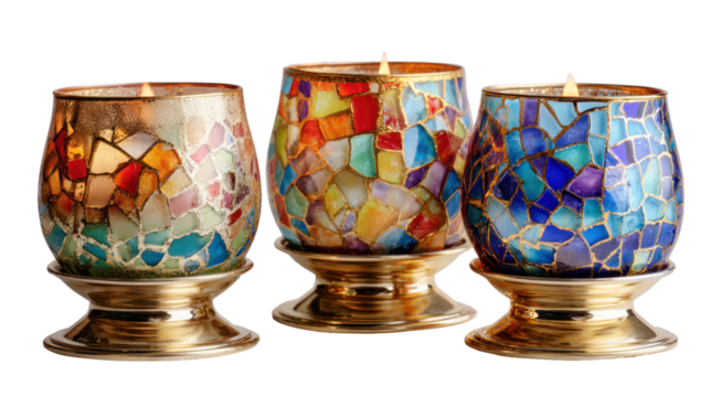 Multicolored mosaic glass candles on gold candle holder, transparent background