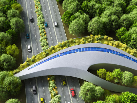 3d rendering of a solar energy overpass crossing a highway in a forest