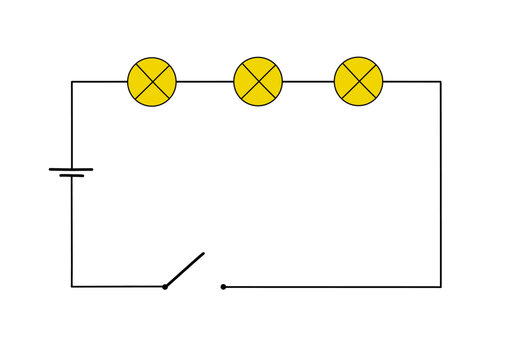 Electrical circuit diagram with light bulbs and power source. Simple illustration of a basic circuit isolated on white background