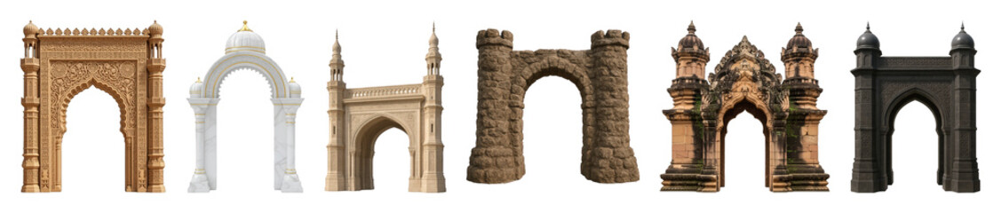 Obraz premium Diverse architectural arch set including ornate stone, white marble, medieval, and ancient temple structures isolated. Cultural and historical design elements.