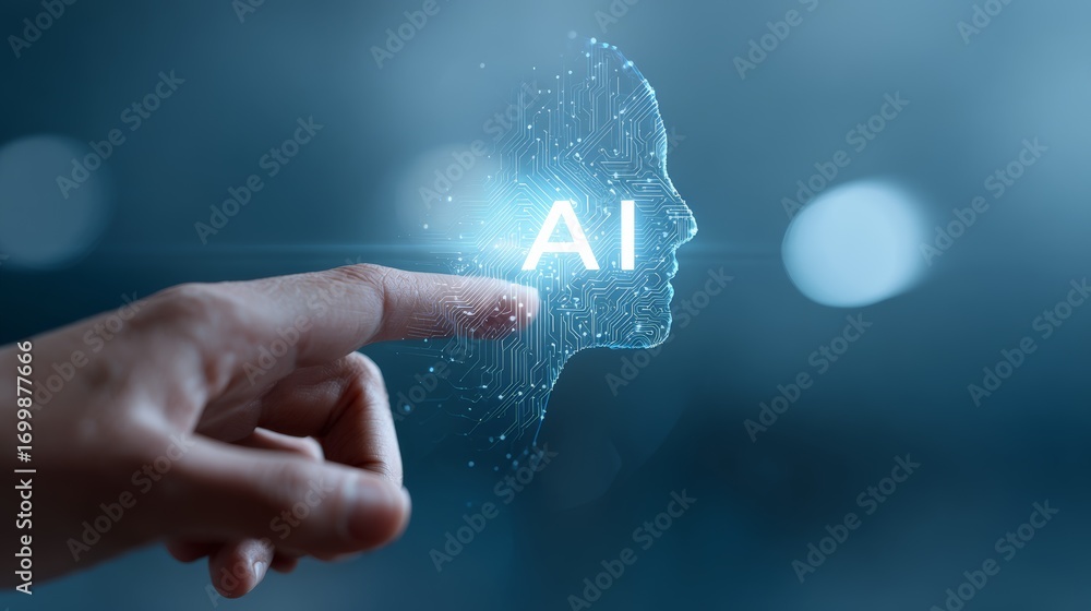 Poster businessman touching a virtual screen displaying an artificial intelligence icon, representing conce