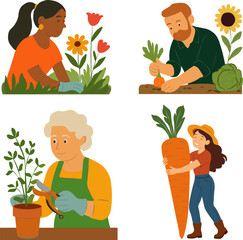 Vector illustration of people gardening, planting flowers, harvesting vegetables, and enjoying nature.