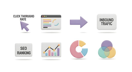 Modern 3D infographic icon set illustrating digital marketing strategy, web analytics, and business performance data visualization