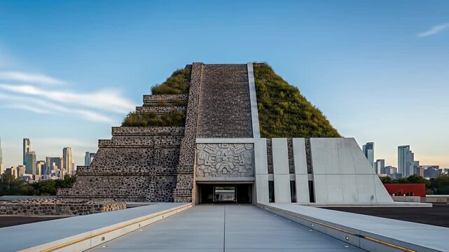 Modern architectural structure featuring a stepped pyramid with lush greenery and clear sky