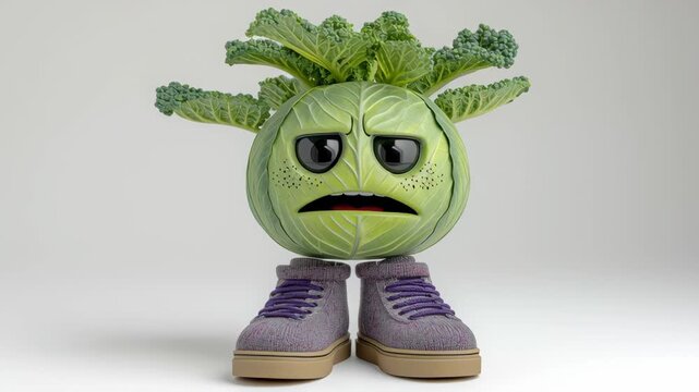 Cartoon character made out of a head of broccoli. The character is angry and has a frown on its face