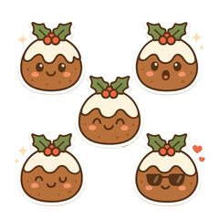 Cute Christmas pudding characters express joy and fun