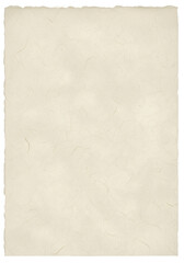 A single blank sheet of off-white handmade paper with natural fibers and deckled edges isolated on a pure white background for design