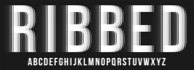 Alphabet with ribbed glass effect. Geometric typography set with bold capital letters distorted by vertical ribbing. Creative sans serif font with distortion through glass. Vector illustration