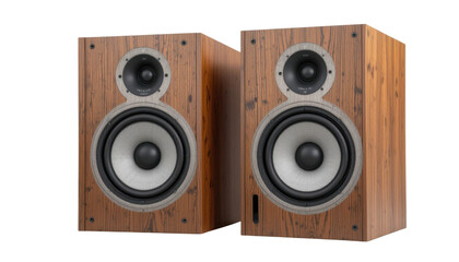 Fototapeta premium Black stereo hi-fi speakers, an isolated wooden audio equipment box on a white background